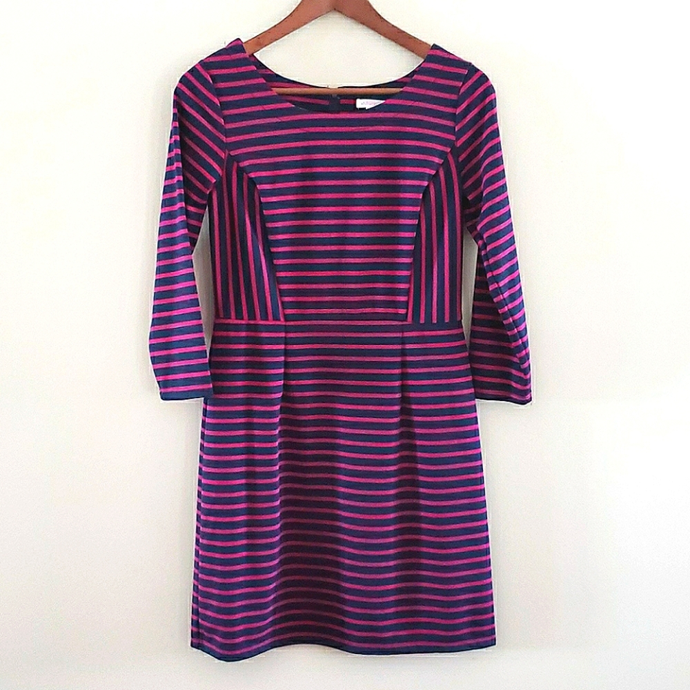 XHILIRATION Navy & Pink Striped Dress 3/4 Sleeve Fitted A Line M Medium